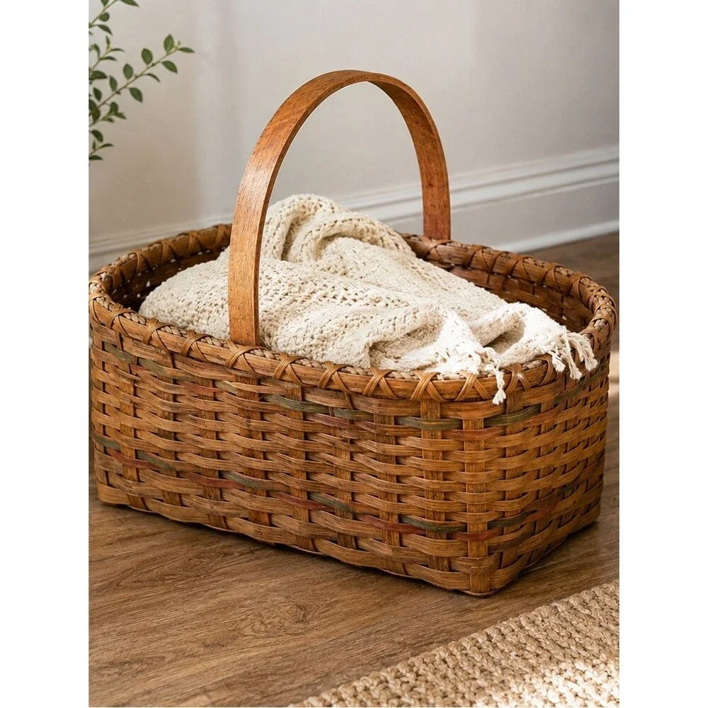 Vintage 1970-1980’s Woven Rustic Wicker Market Basket Large Oval Single Handle